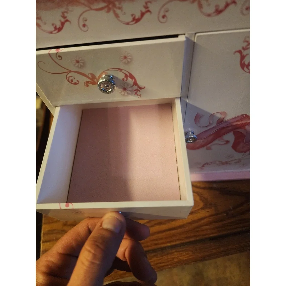 Mele Musical Ballerina Table Top Jewelry Box, Pink & White Armoire Style, Mirror